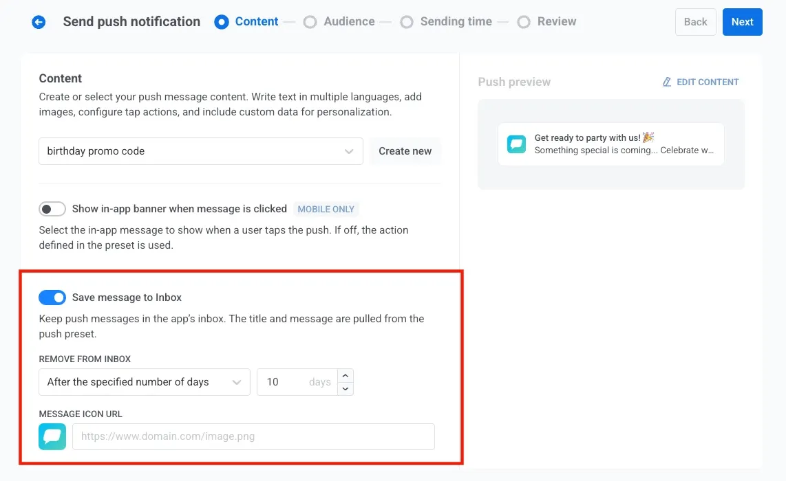 One-time push को Inbox में save करने का option — missed होने के बाद भी message available रहती है