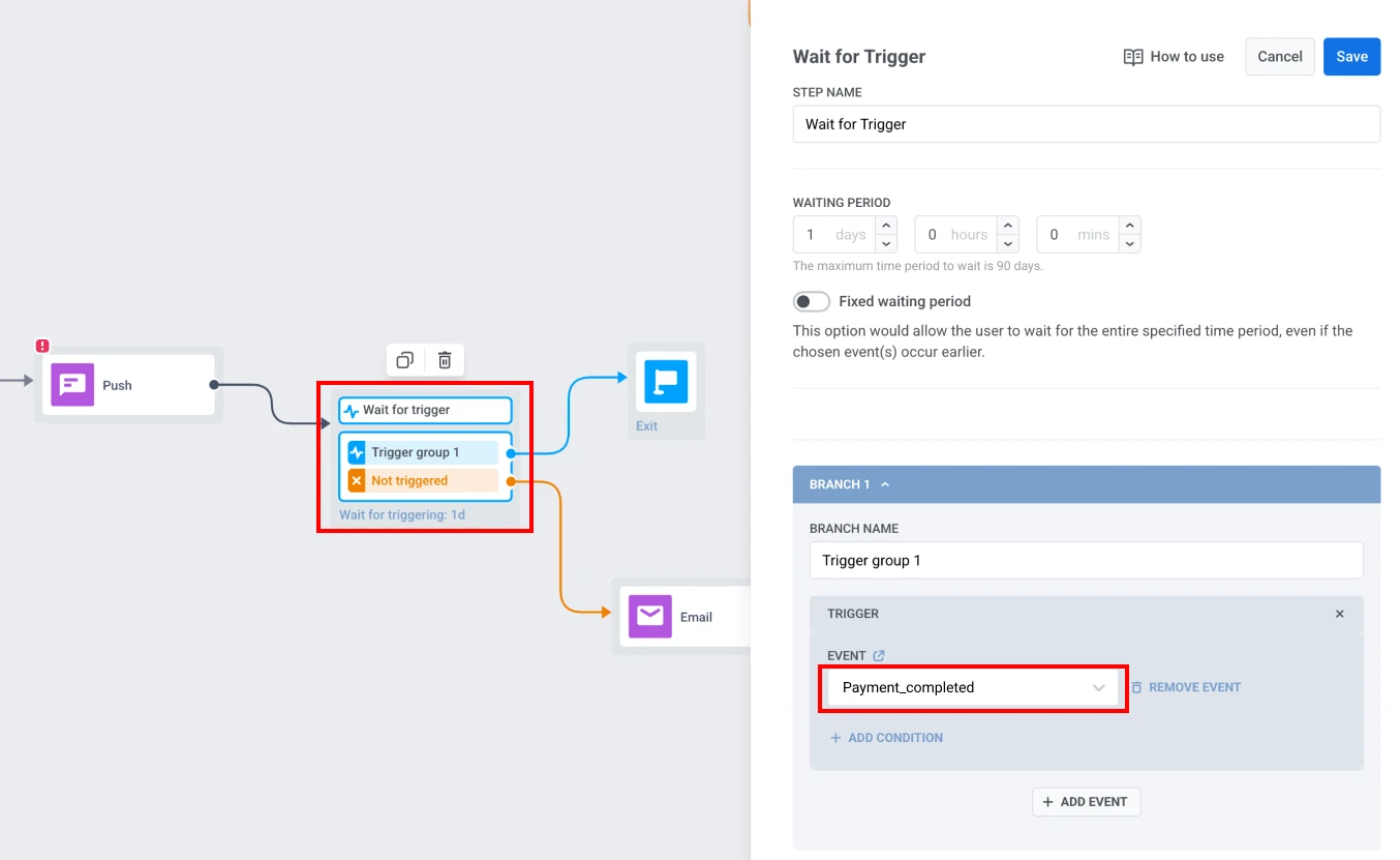 Elemento Esperar trigger en Pushwoosh Customer Journey Builder