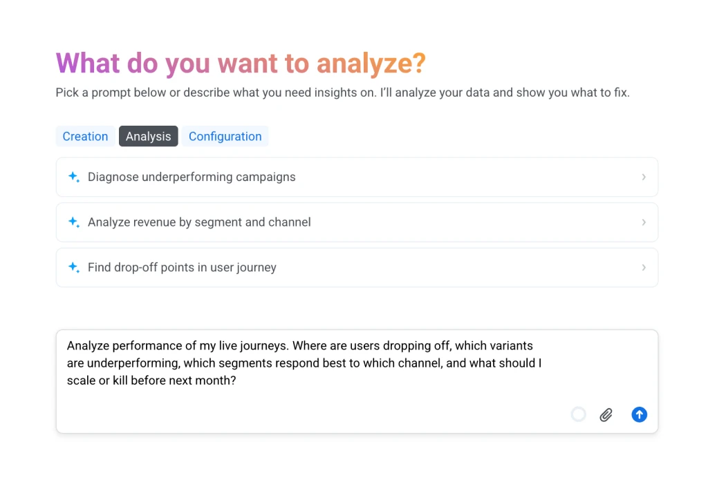 ManyMoney AI weekly analysis of live journeys with scale-or-kill recommendations