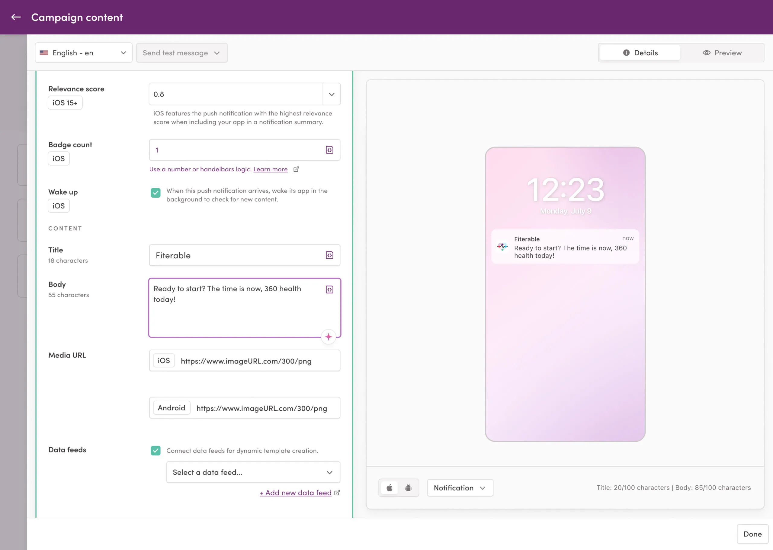 Iterable push notification template editor