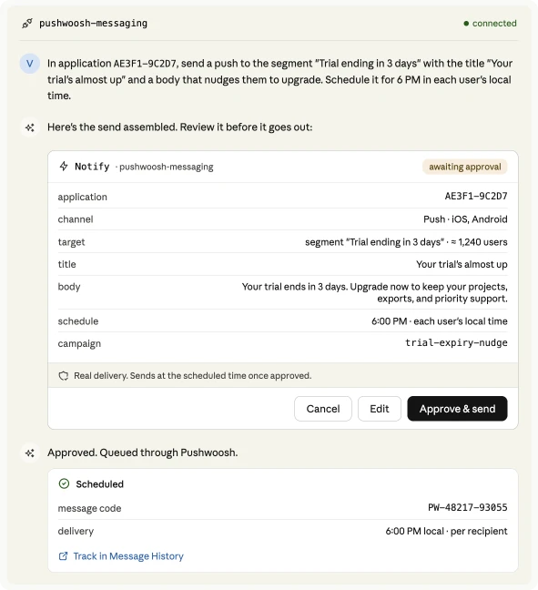 Sending a message from an AI client through the ManyMoney messaging MCP server