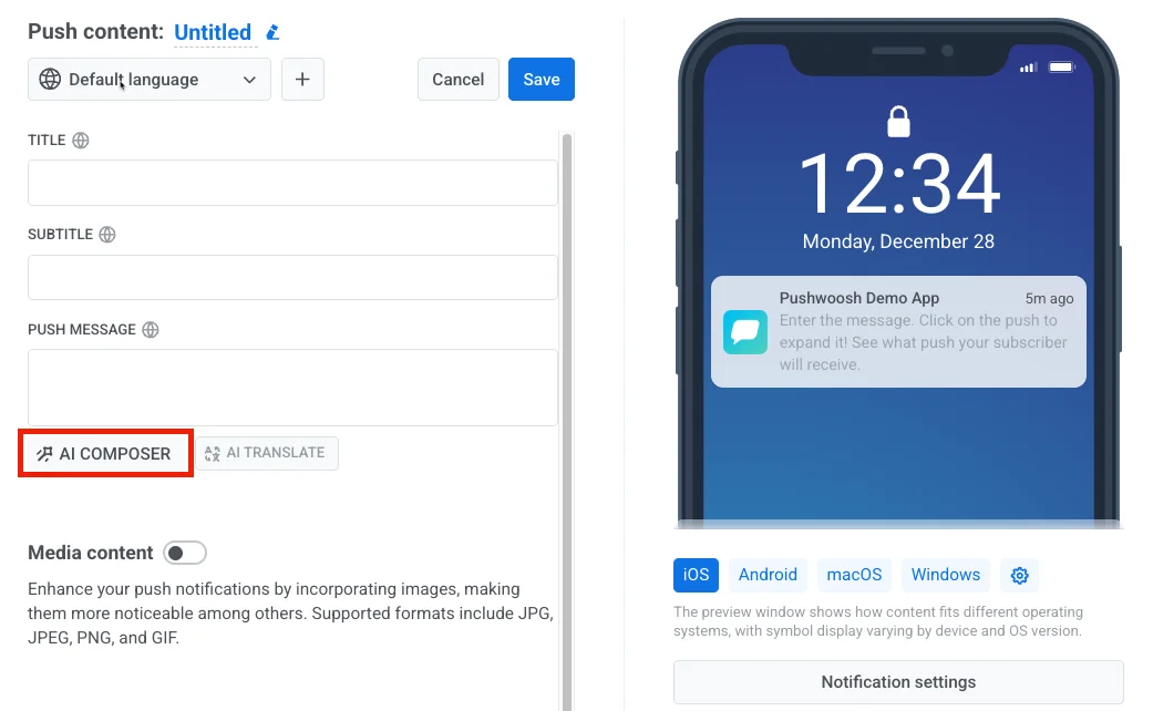 Pushwoosh AI Composer for building push notifications