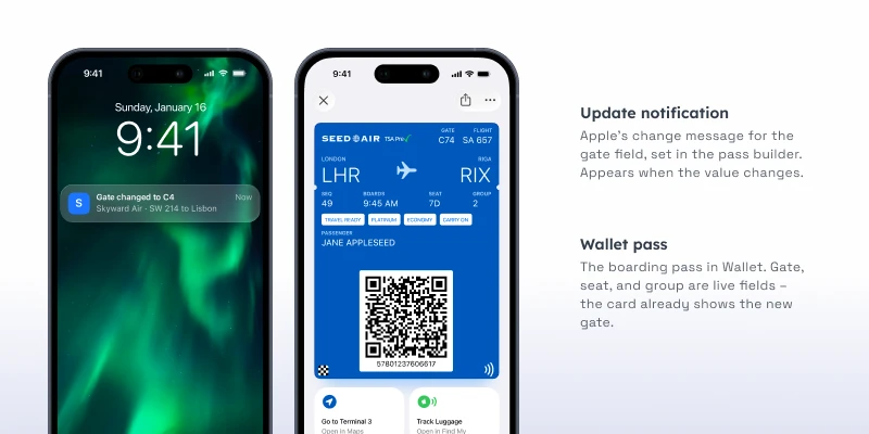 A boarding pass in Apple Wallet with a lock-screen 'Gate changed to C4' update notification above it, and an explanation of the update message and live gate, seat, and group fields