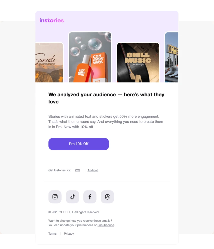 Instories email sent to trial users who didn't engage with push