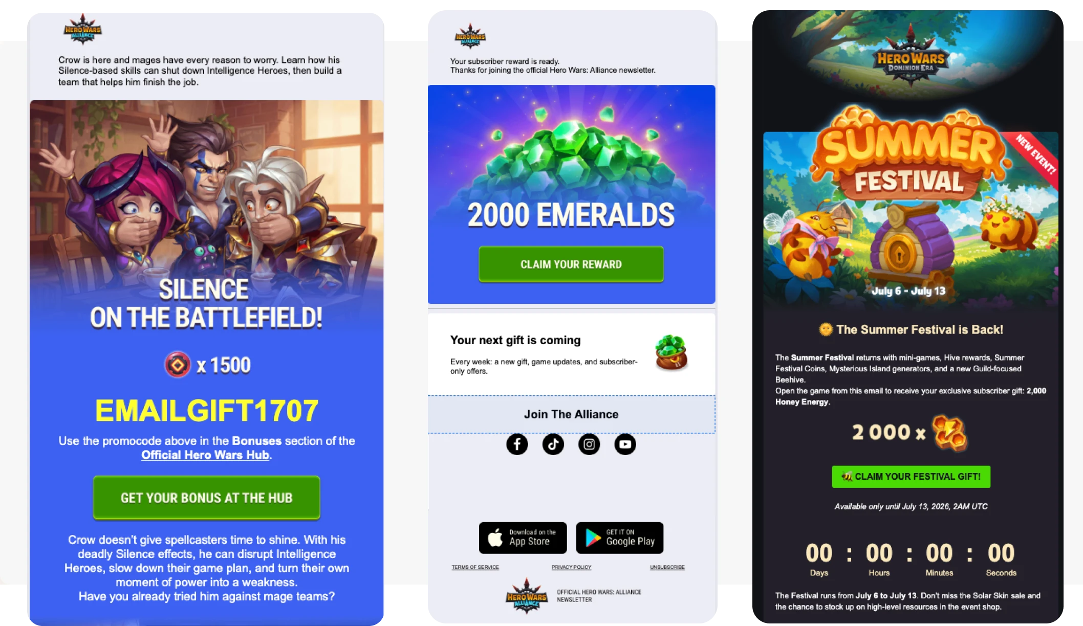 Hero Wars email templates built in Pushwoosh