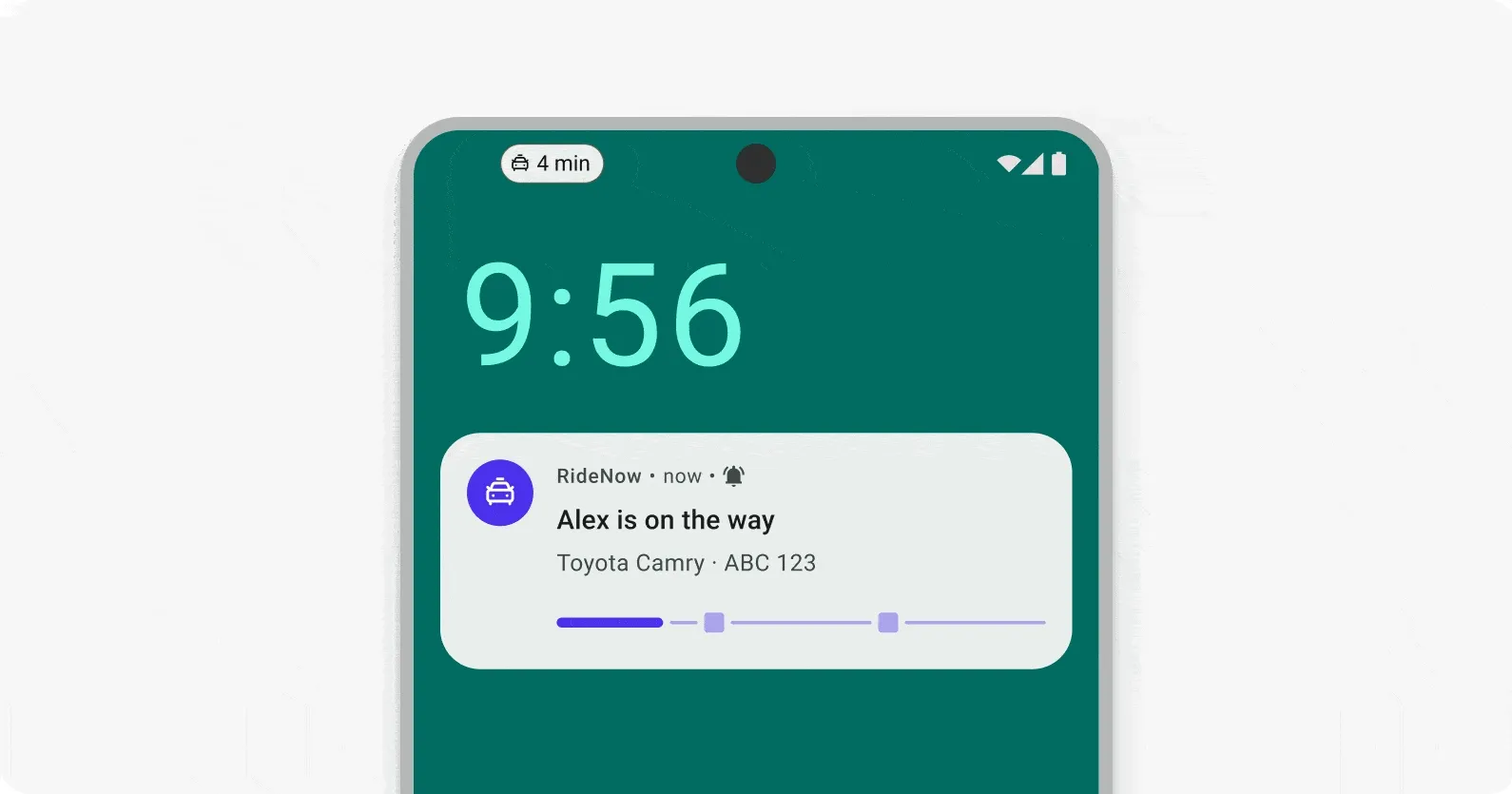 Animated Android Live Update tracking a ride from driver assigned to trip completed