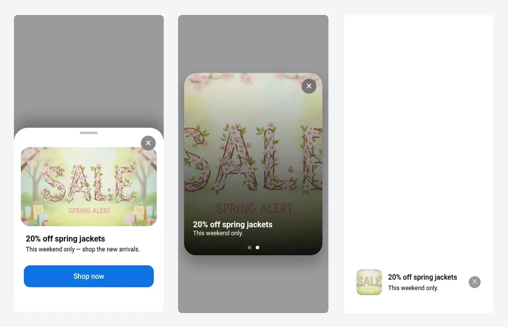 Sheet, carousel, and banner native in-app messages previewed side by side in the Pushwoosh editor