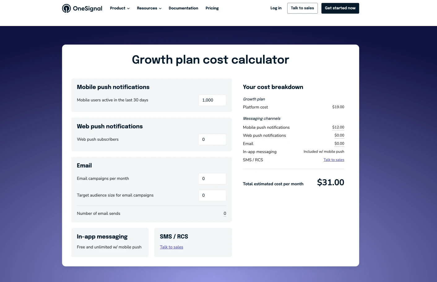 OneSignal Growth plan cost calculator showing $31 per month at 1,000 mobile active users
