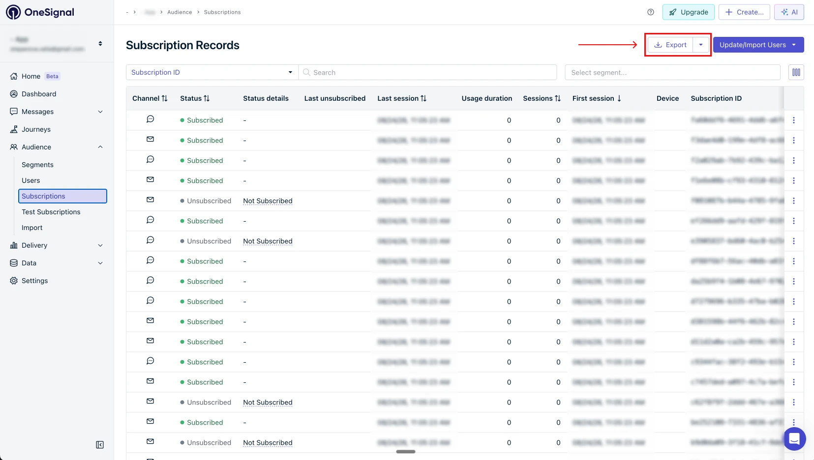 OneSignal Subscription Records स्क्रीन, जिसमें Export बटन ऊपर दाईं तरफ हाइलाइट किया गया है