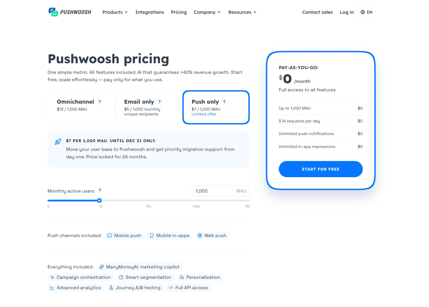 Pushwoosh pricing page with the Push only plan selected at $7 per 1,000 MAU