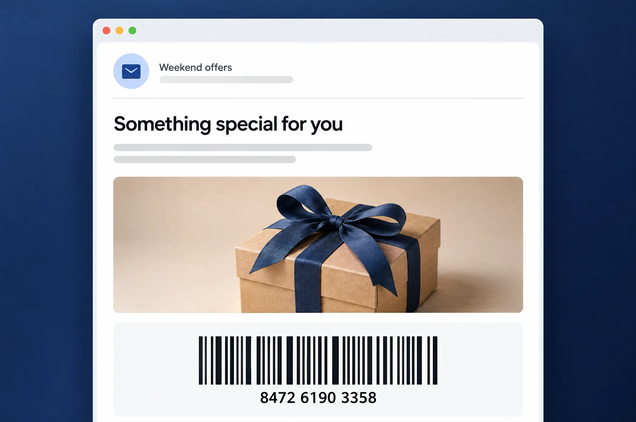 Email with a 'Something special for you' offer and a scannable barcode with the code 8472 6190 3358 below the product image