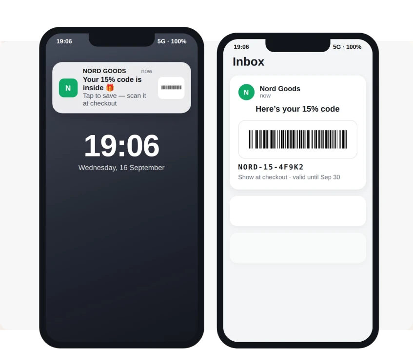 Two phone screens: a lock-screen push 'Your 15% code is inside' and the app Message inbox showing the same message with a scannable barcode and the code NORD-15-4F9K2