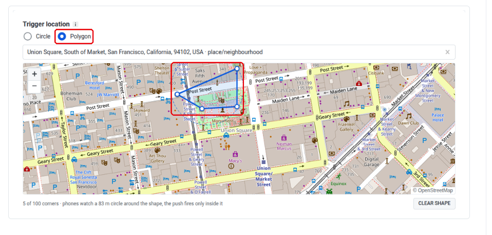 Pushwoosh geozone editor with Polygon selected as the trigger location, showing a five-corner polygon drawn around Union Square in San Francisco