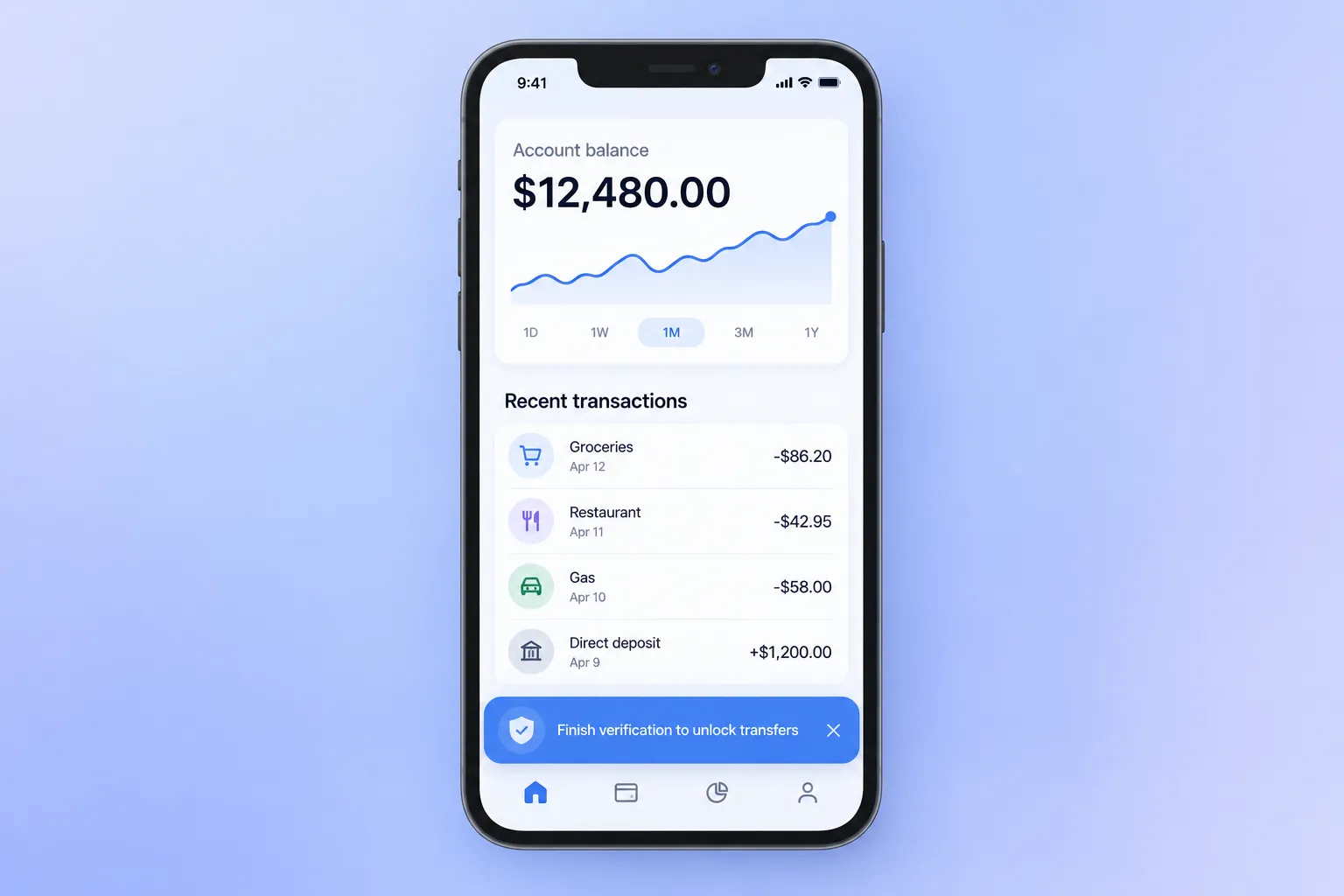 Fintech app with a native in-app banner pinned to the bottom of the account balance screen, prompting the user to finish verification