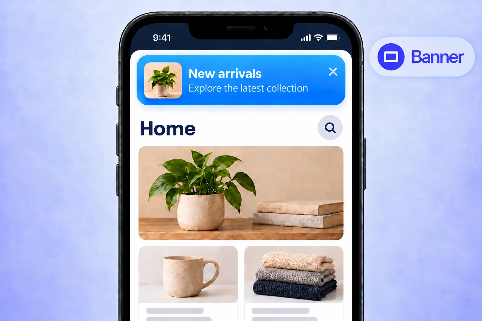 Native in-app banner layout: a compact 'New arrivals' bar pinned to the top of the app's home screen