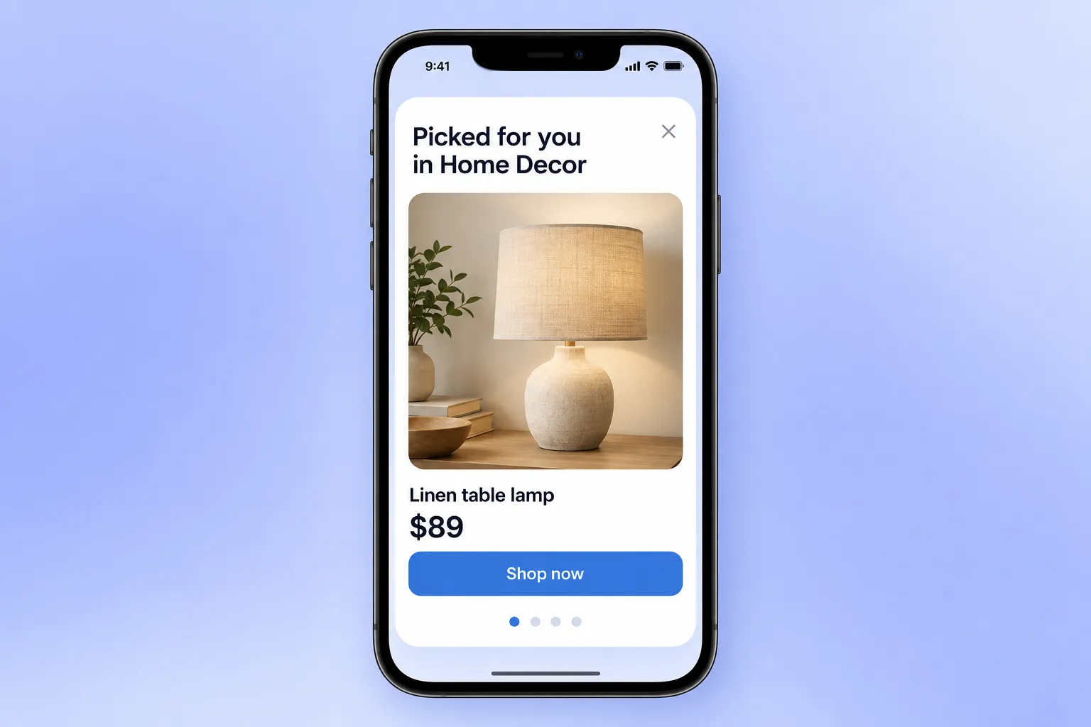 Catalog carousel in-app: 'Picked for you in Home Decor' card with a linen table lamp, a $89 price, and a Shop now button