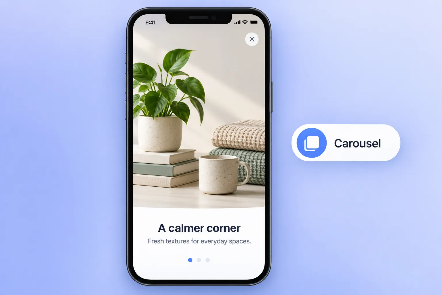 Native in-app carousel layout: a full-screen swipeable 'A calmer corner' card with pagination dots
