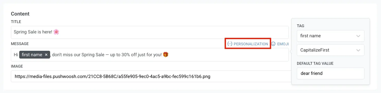 Pushwoosh native in-app editor: inserting dynamic content into a message text field