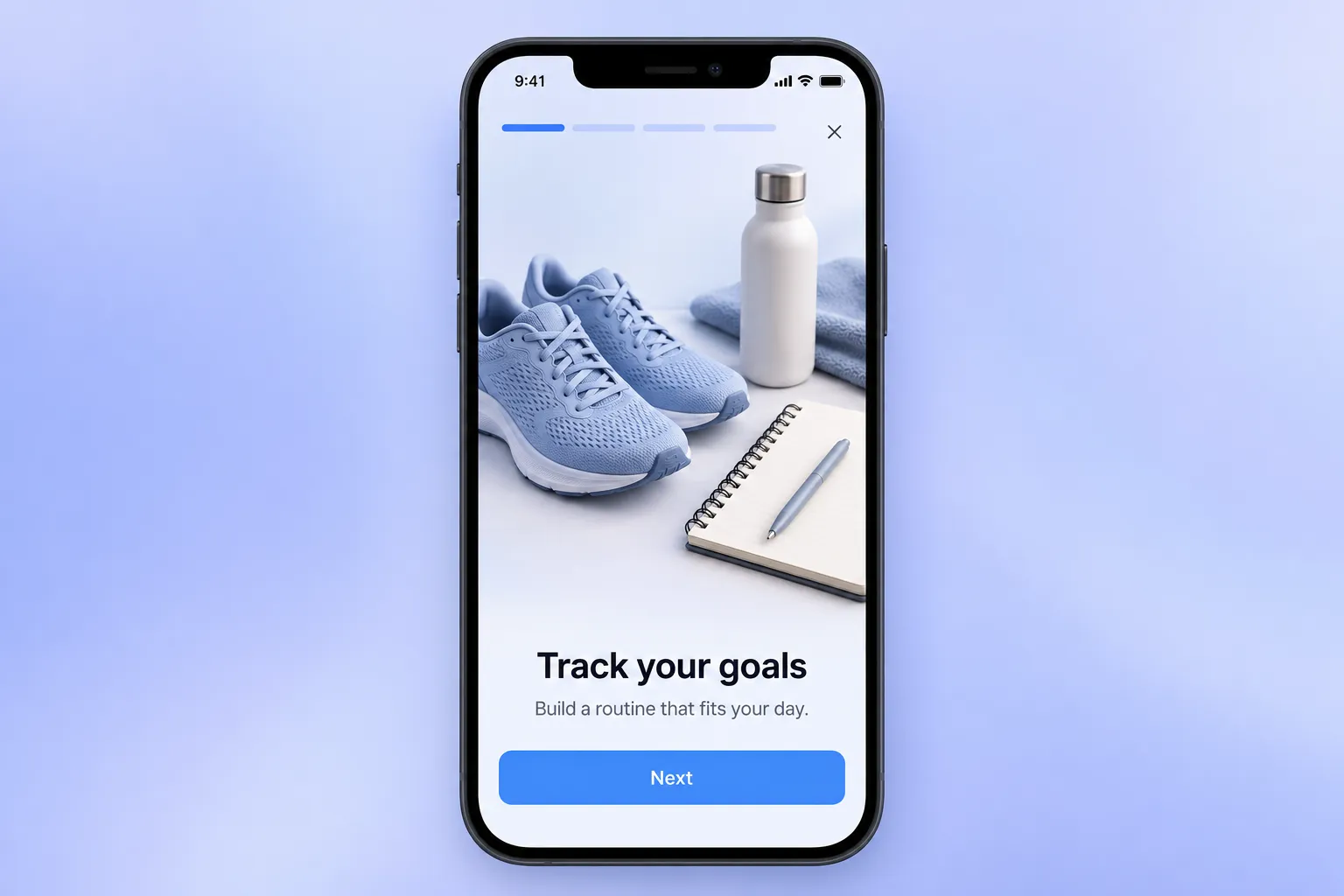 Onboarding stories in-app: a 'Track your goals' slide with progress bars at the top and a Next button