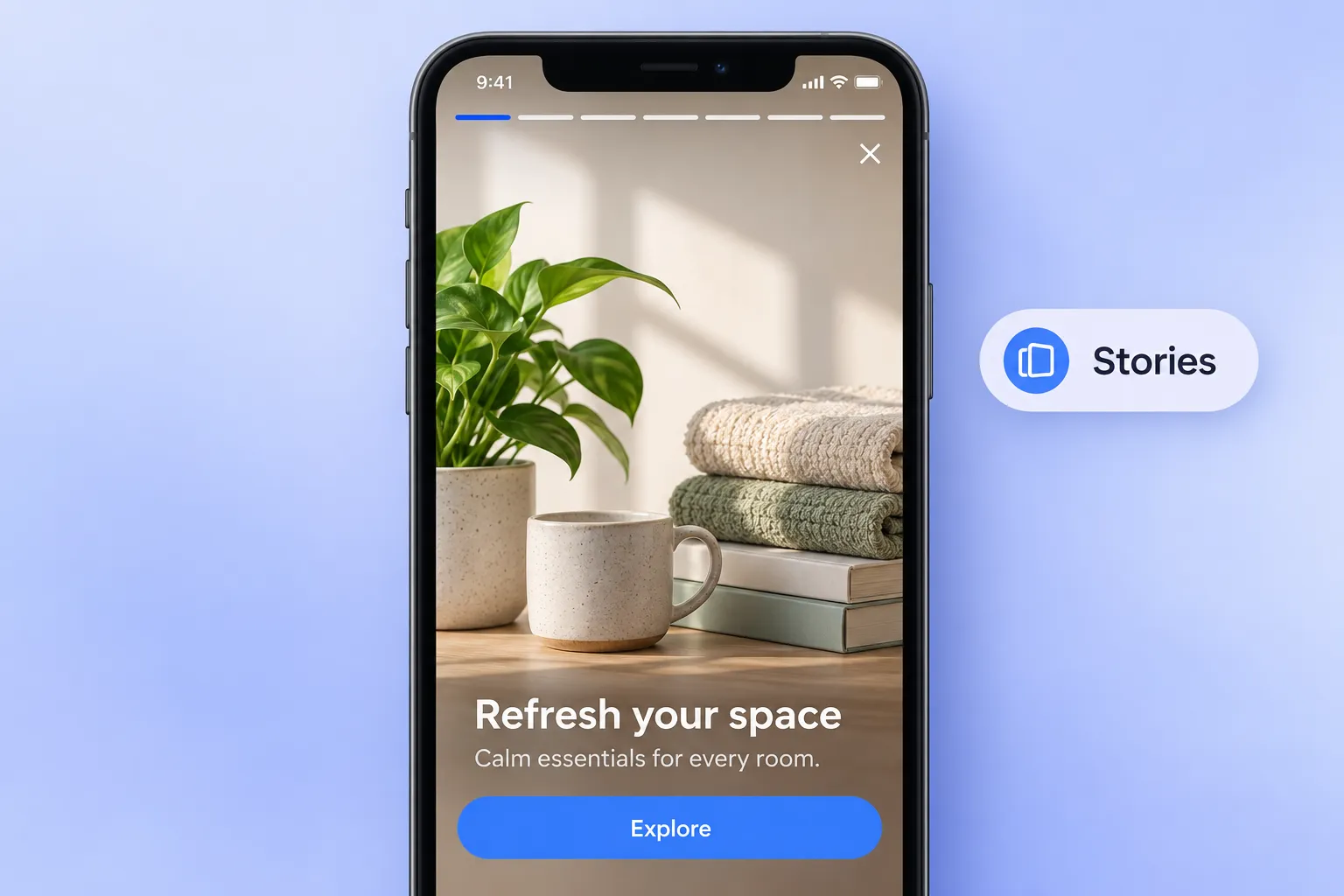 Native in-app stories layout: full-screen slides with progress bars at the top and an Explore button