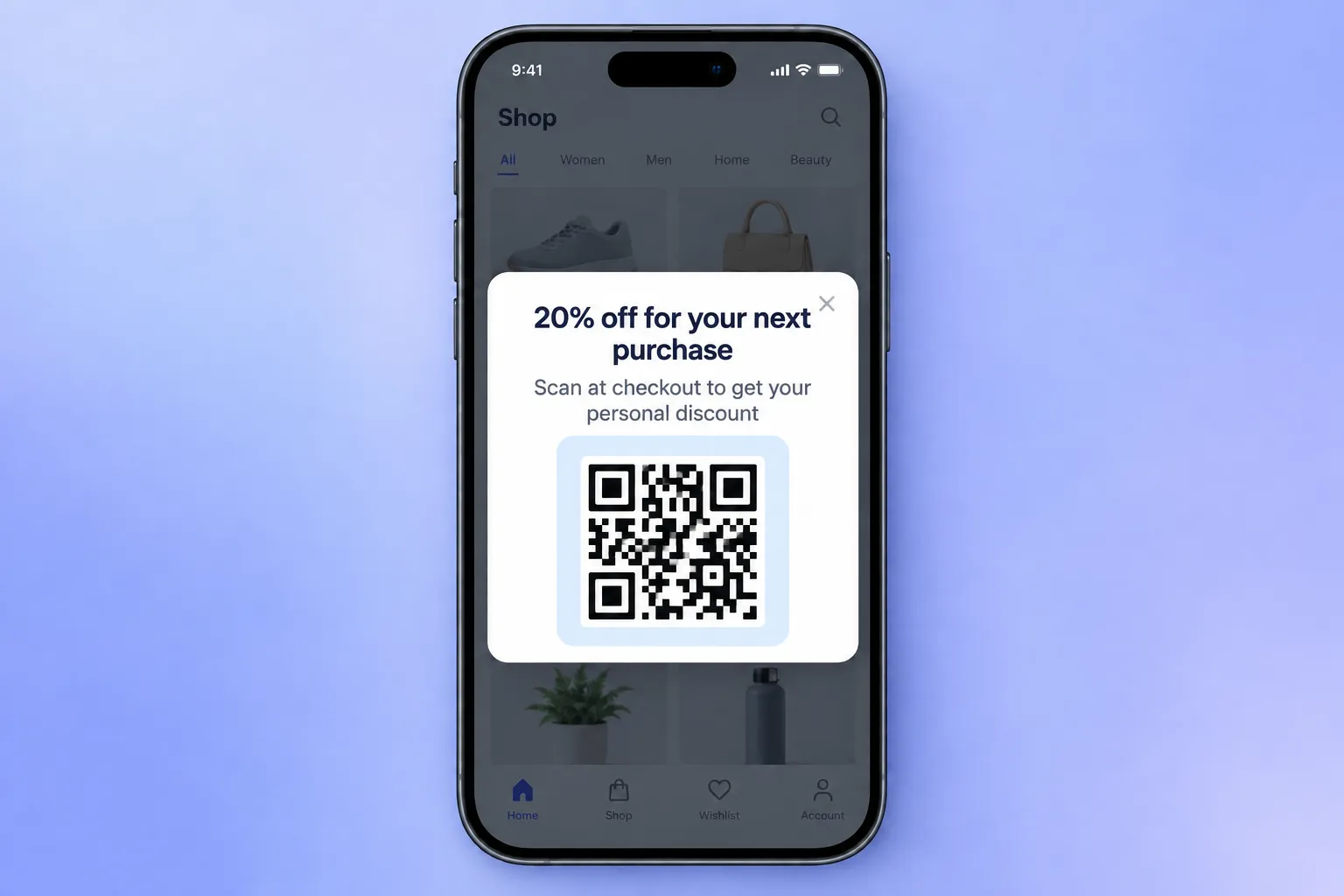 Winback modal in-app: '20% off for your next purchase' card with a personal QR code to scan at checkout