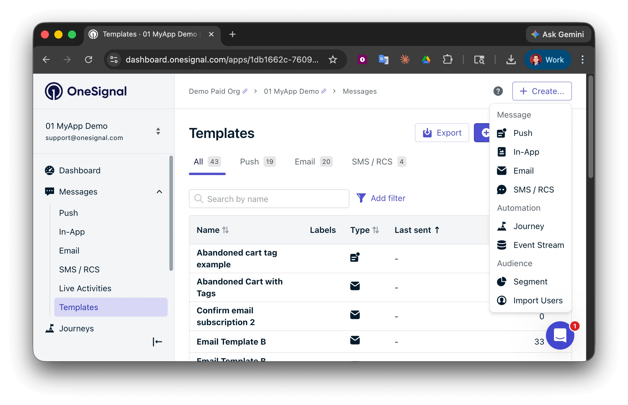 OneSignal dashboard with push, in-app, email, and SMS channels