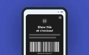 Uma mensagem in-app num celular dizendo Mostre isso no caixa, com um código de barras renderizado embaixo