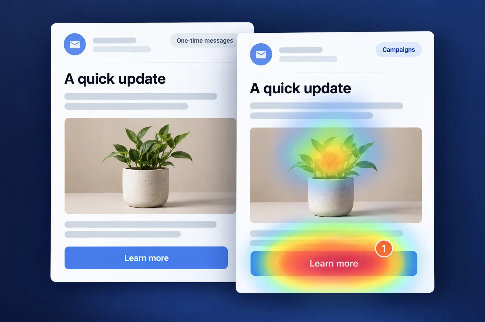 An email preview shown side by side with its click map, where a heatmap marks the Learn more button as the busiest element