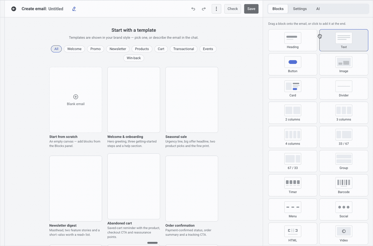 Pushwoosh drag-and-drop email editor with the barcode block selected, showing the Code field set to the voucher merge tag, Code 128 symbology, and appearance settings