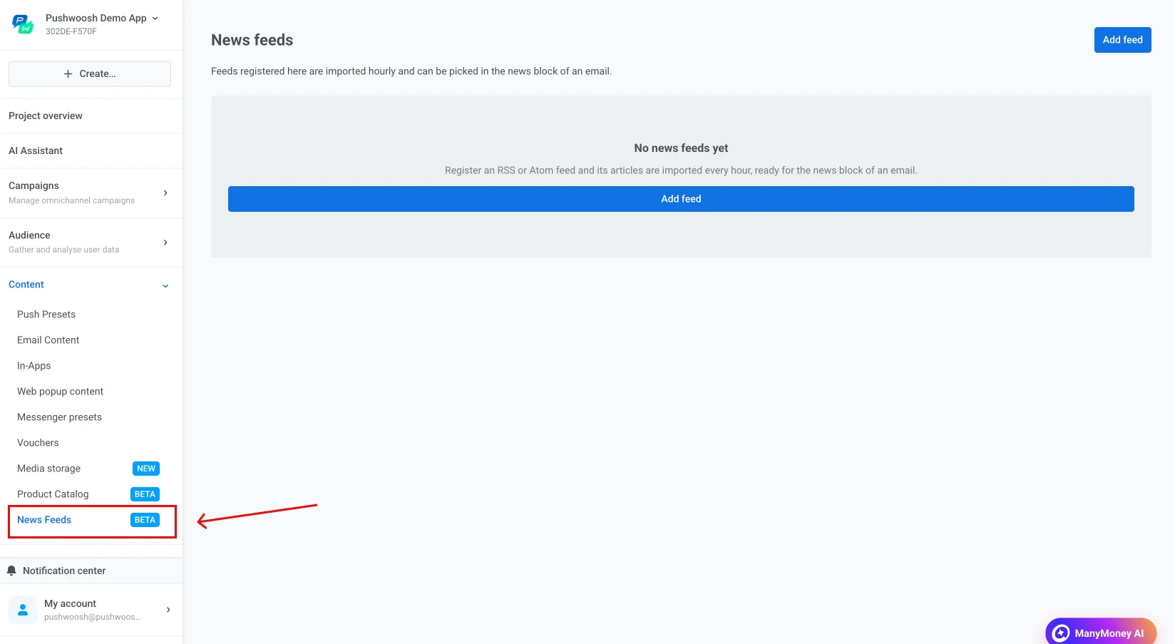 The News Feeds screen under Content in Pushwoosh, where RSS and Atom feeds are registered for the email news block