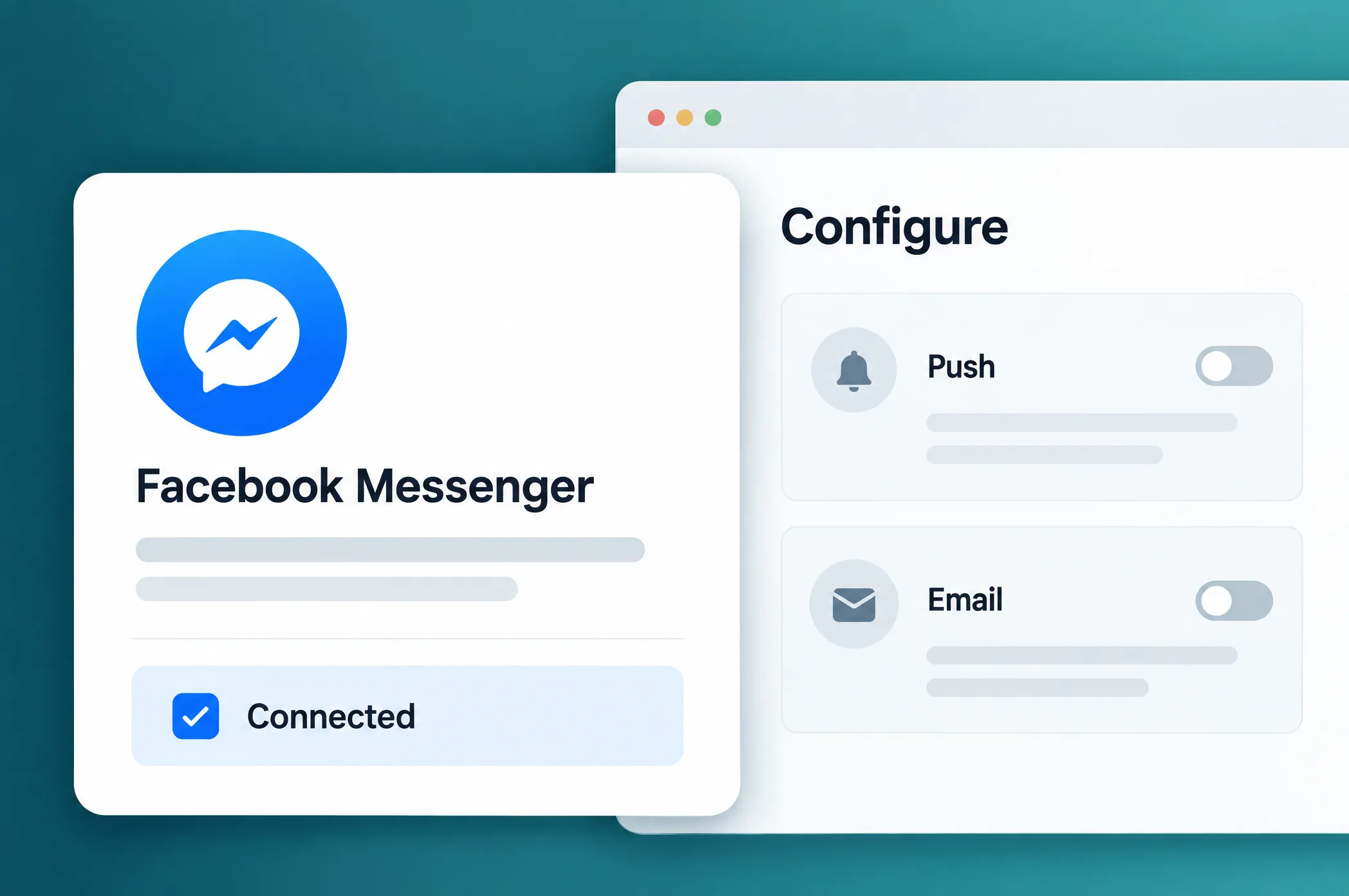 Facebook Messenger card marked as connected, next to the Configure page with push and email channels