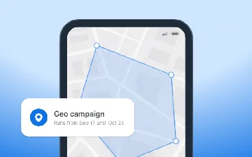 Um celular mostrando uma geozona em polígono desenhada sobre o mapa de uma cidade, com um card de campanha geo agendado pra rodar de 17 de setembro até 24 de outubro