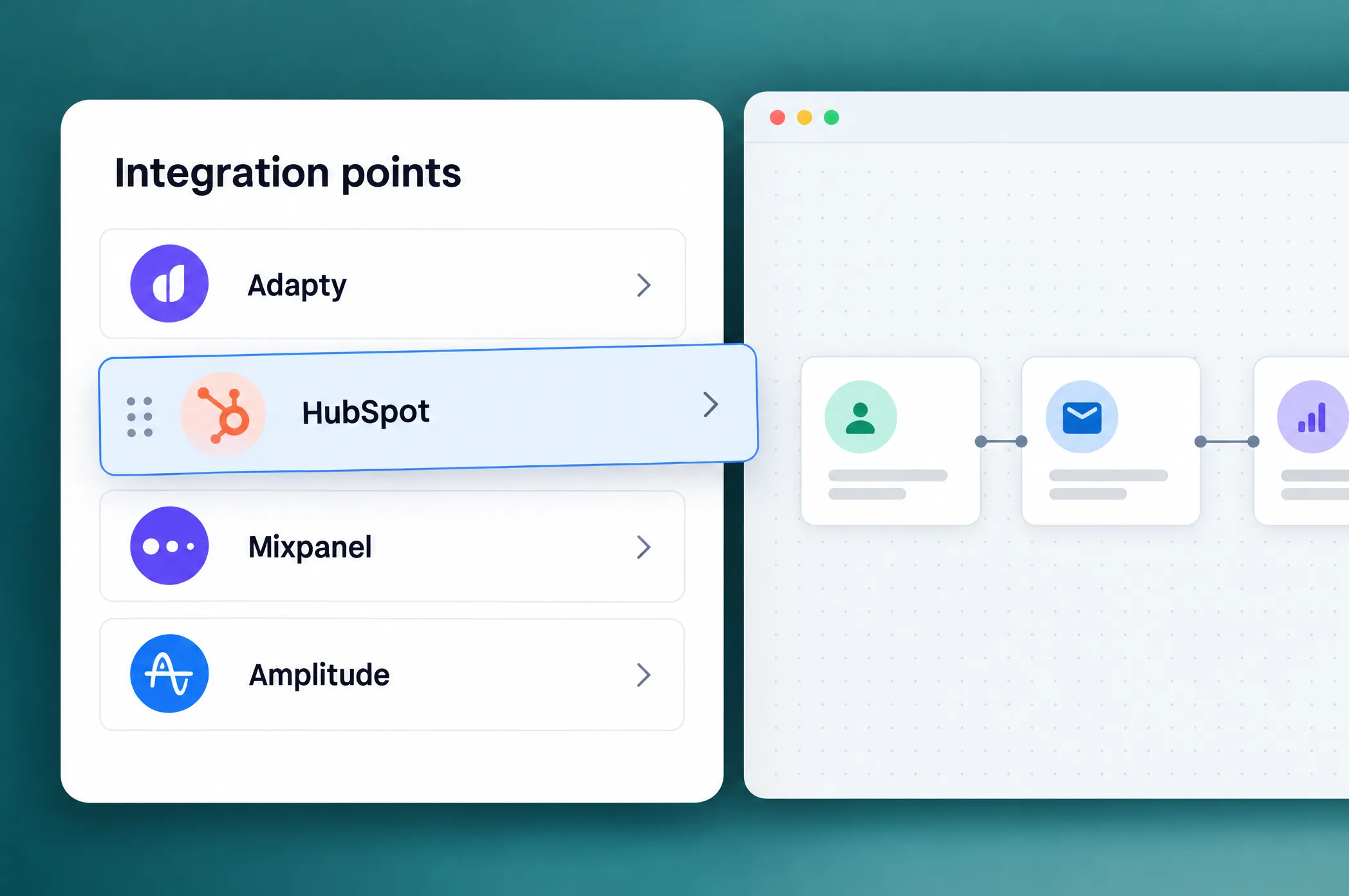 Journey integration points list with Adapty, HubSpot, Mixpanel, and Amplitude, with HubSpot being dragged onto the journey canvas