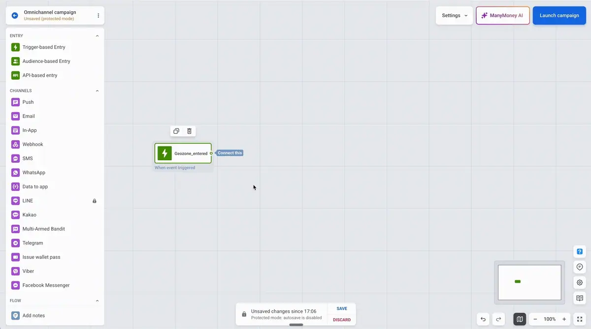 Adding the Issue wallet pass element to a journey on the Pushwoosh canvas and picking the wallet campaign it issues