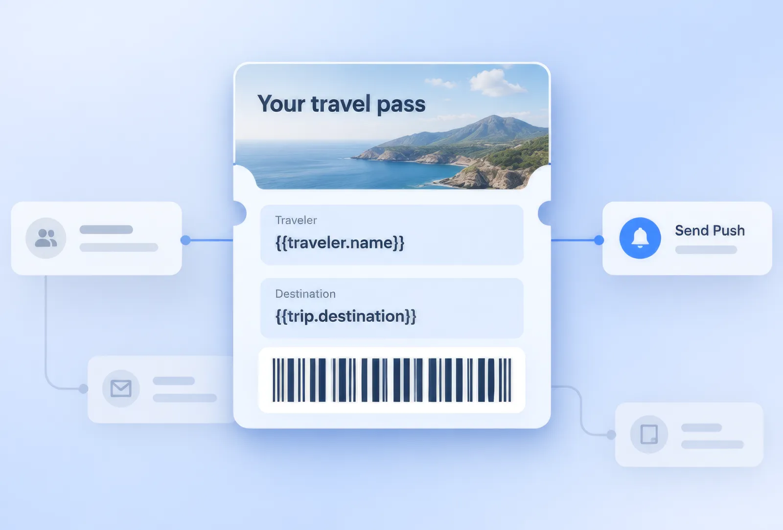 A wallet pass with personalization tokens for traveler name and destination, wired into a journey between an audience node and a Send Push node