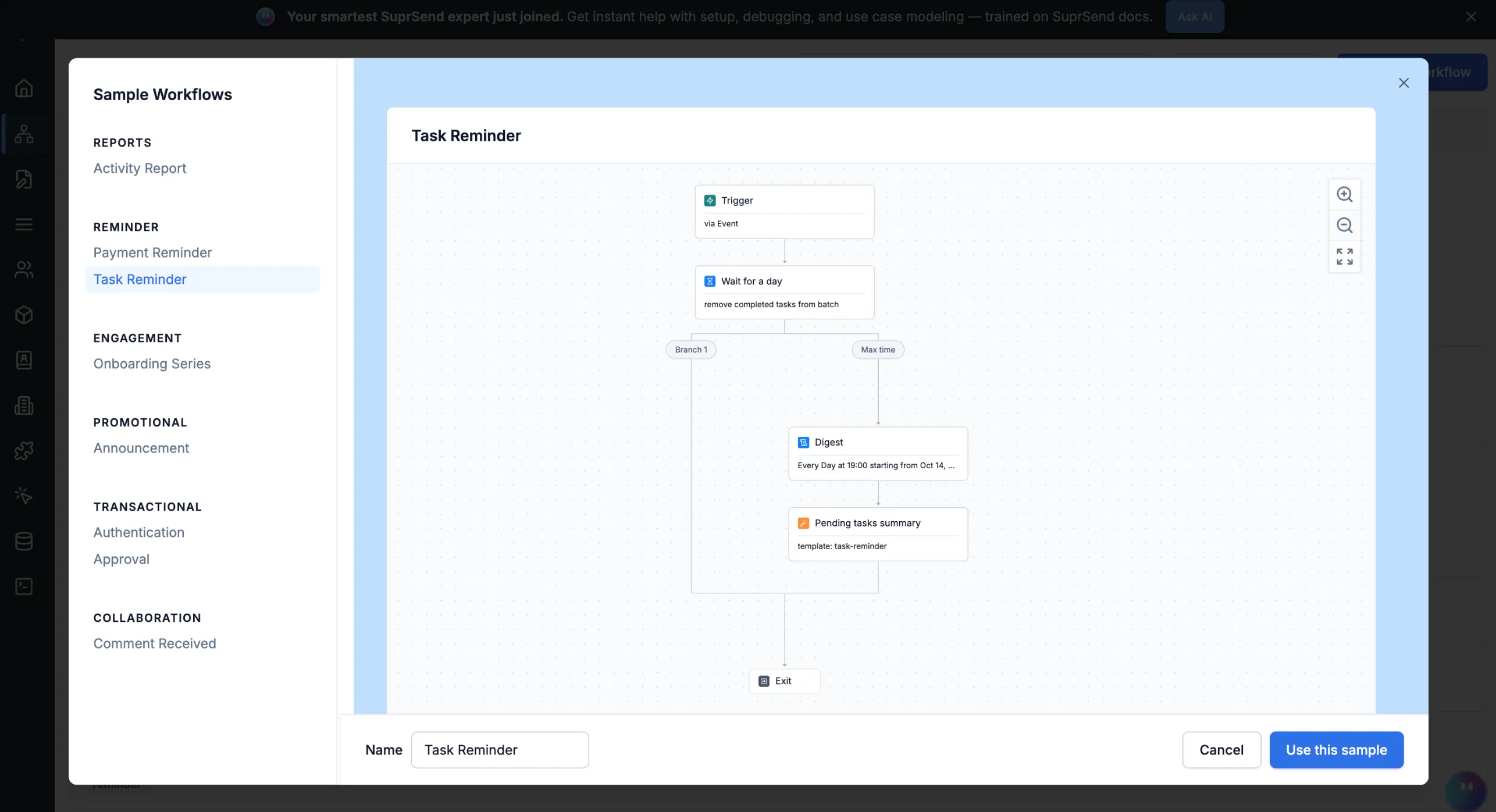 SuprSend notification workflow dashboard