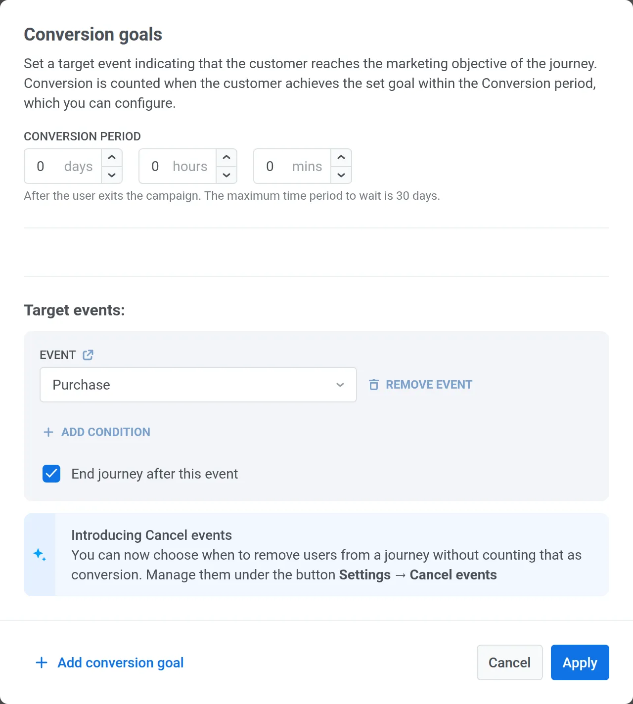 Conversion goals settings in Pushwoosh with Purchase set as the target event