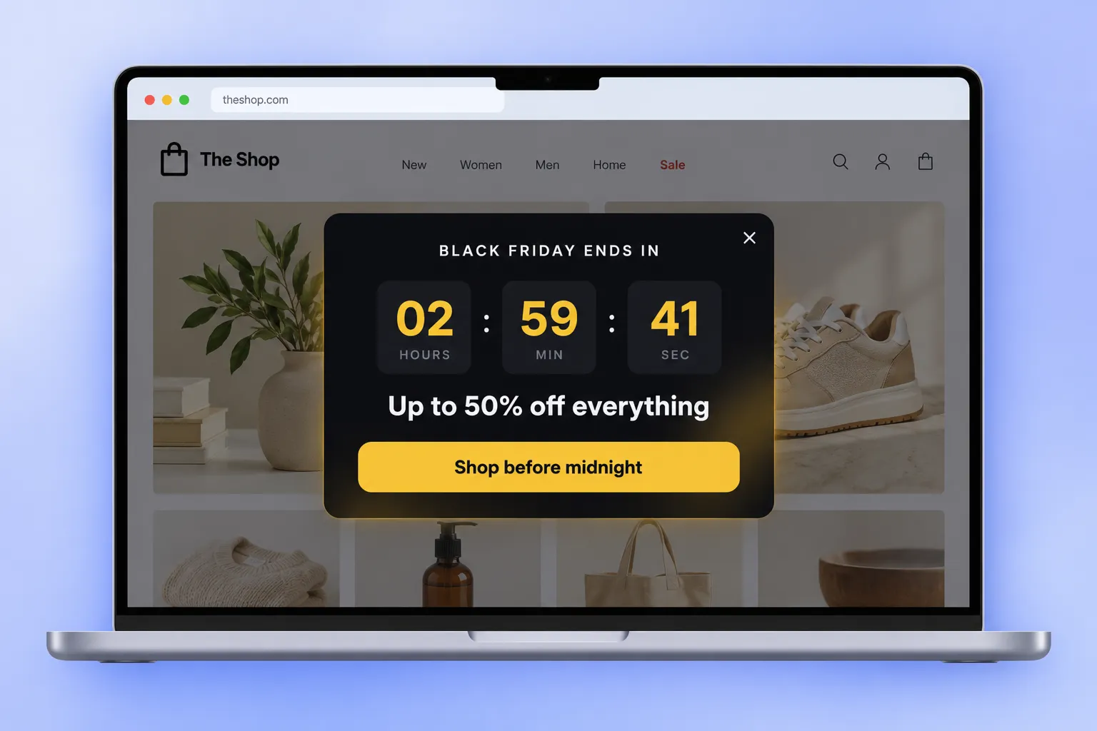 Black Friday web popup with a countdown timer on a laptop screen