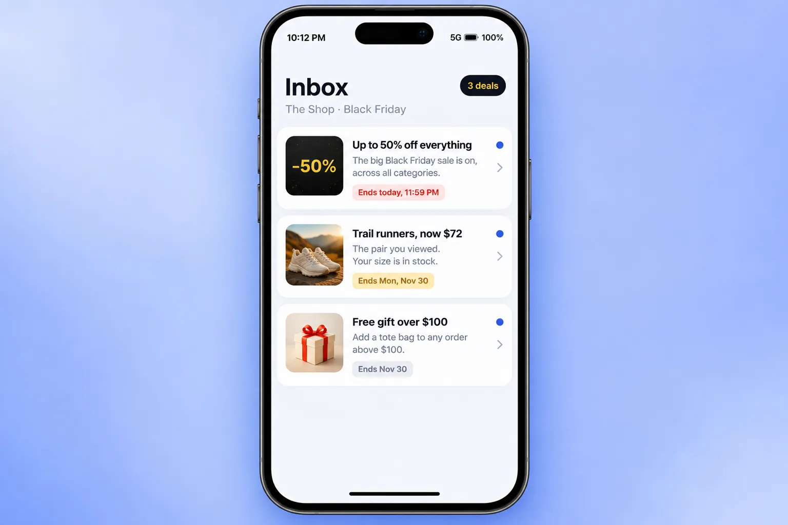 Black Friday deals saved in the in-app message inbox