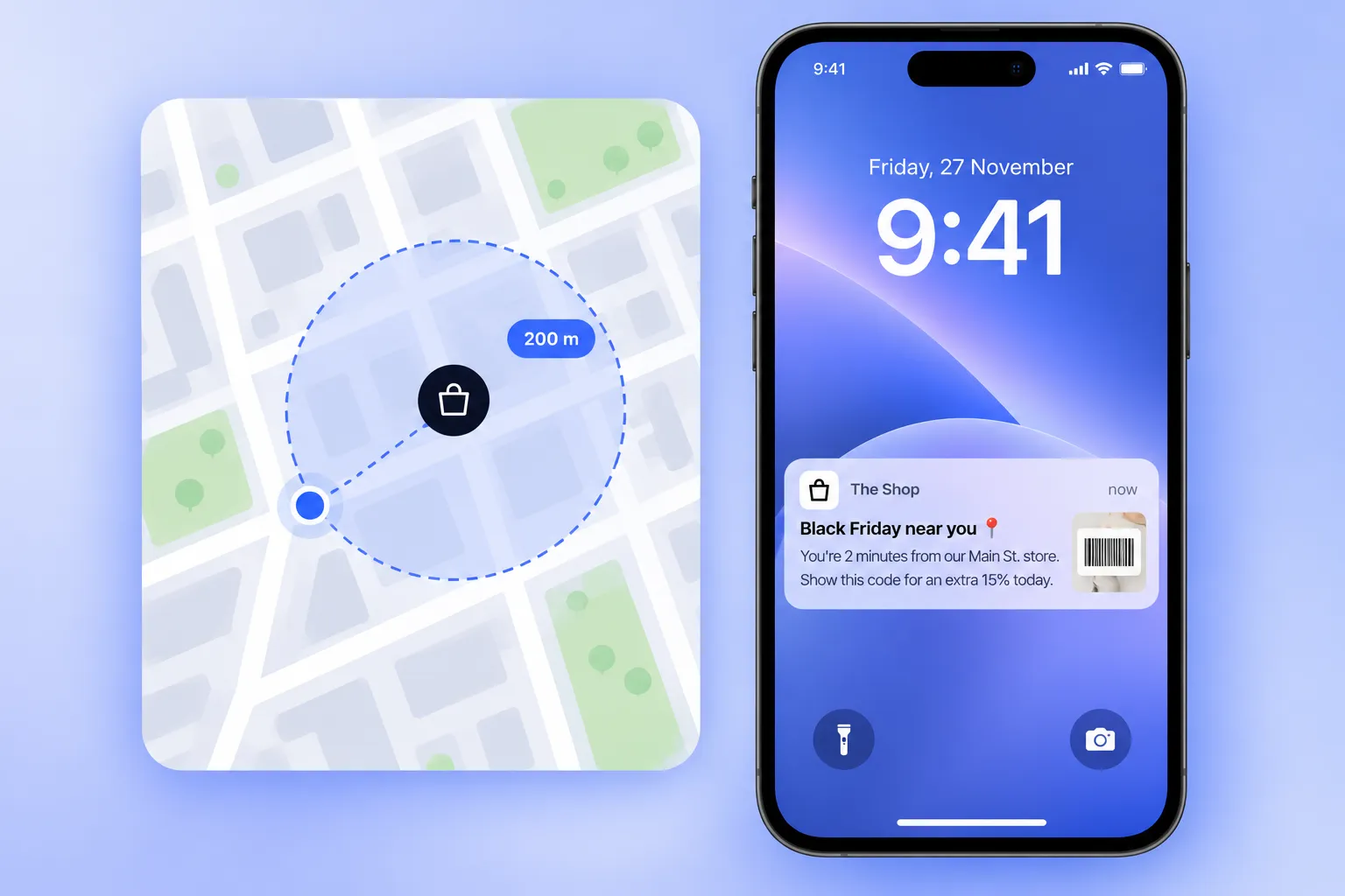 Geozone with a 200 m radius around a store and a lock screen push: Black Friday near you, show this code for an extra 15% today
