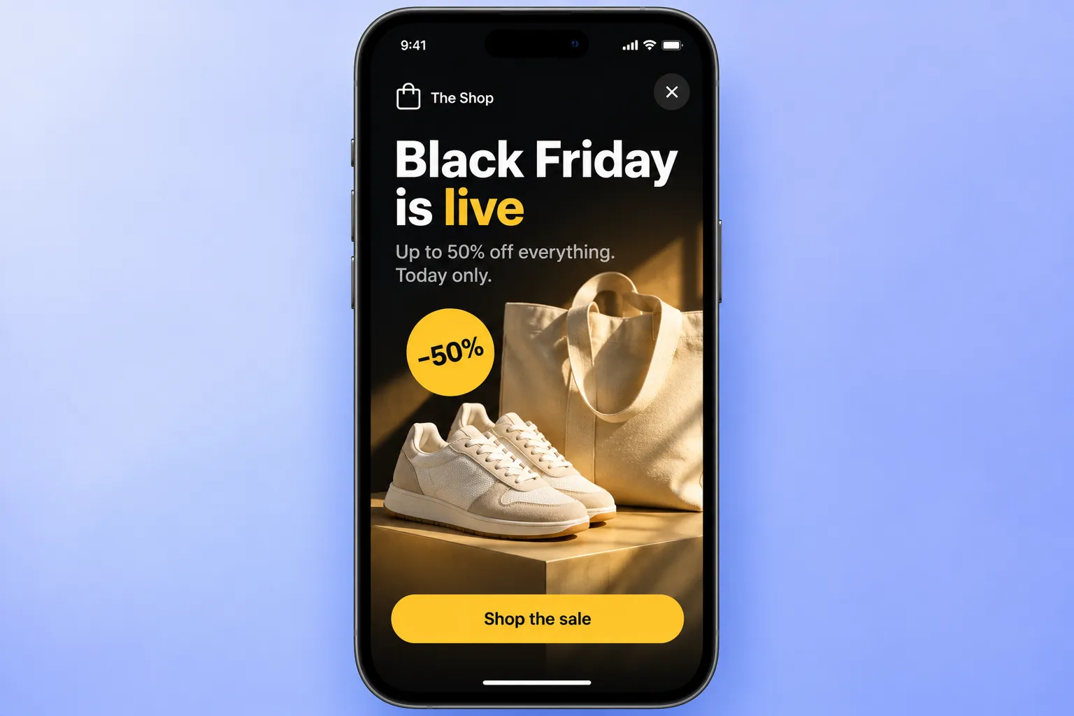 Fullscreen Black Friday sneaker sale in-app message