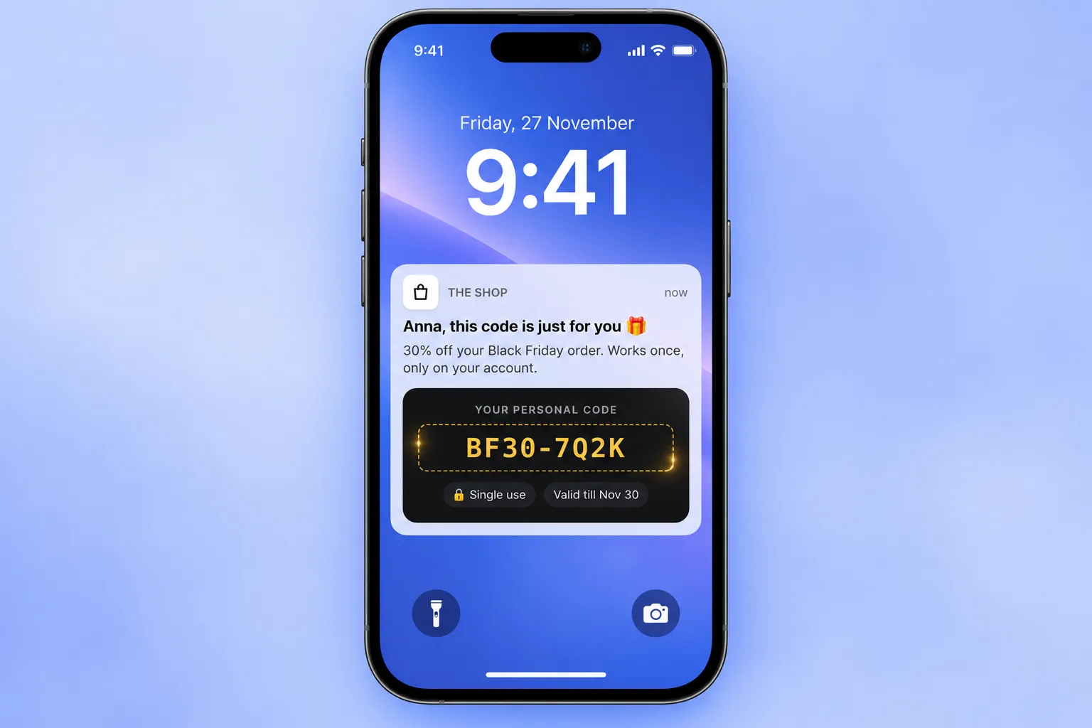 iPhone lock screen push with a personal one-time Black Friday promo code