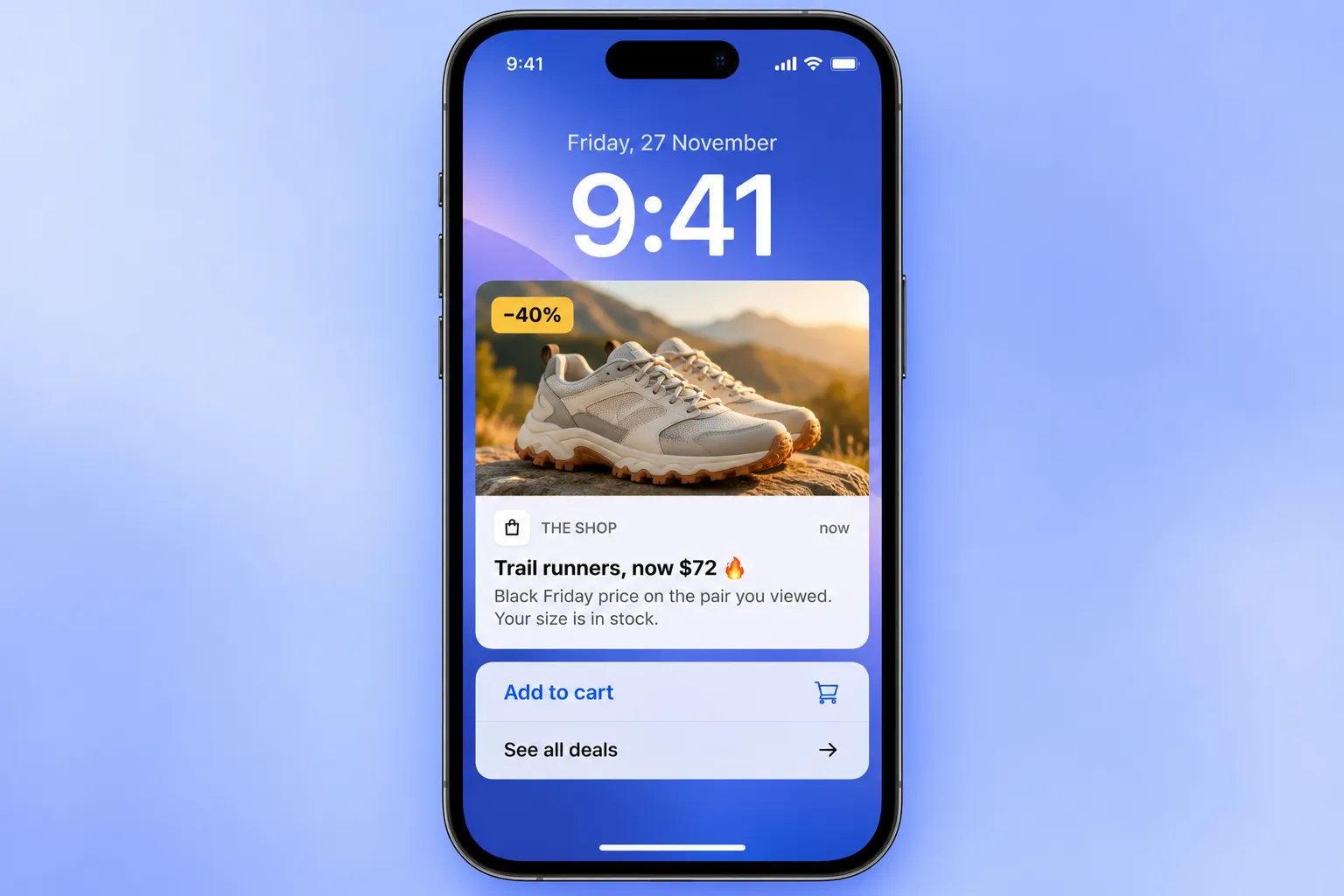 Rich push on the lock screen with a trail runners Black Friday deal and Add to cart and See all deals buttons