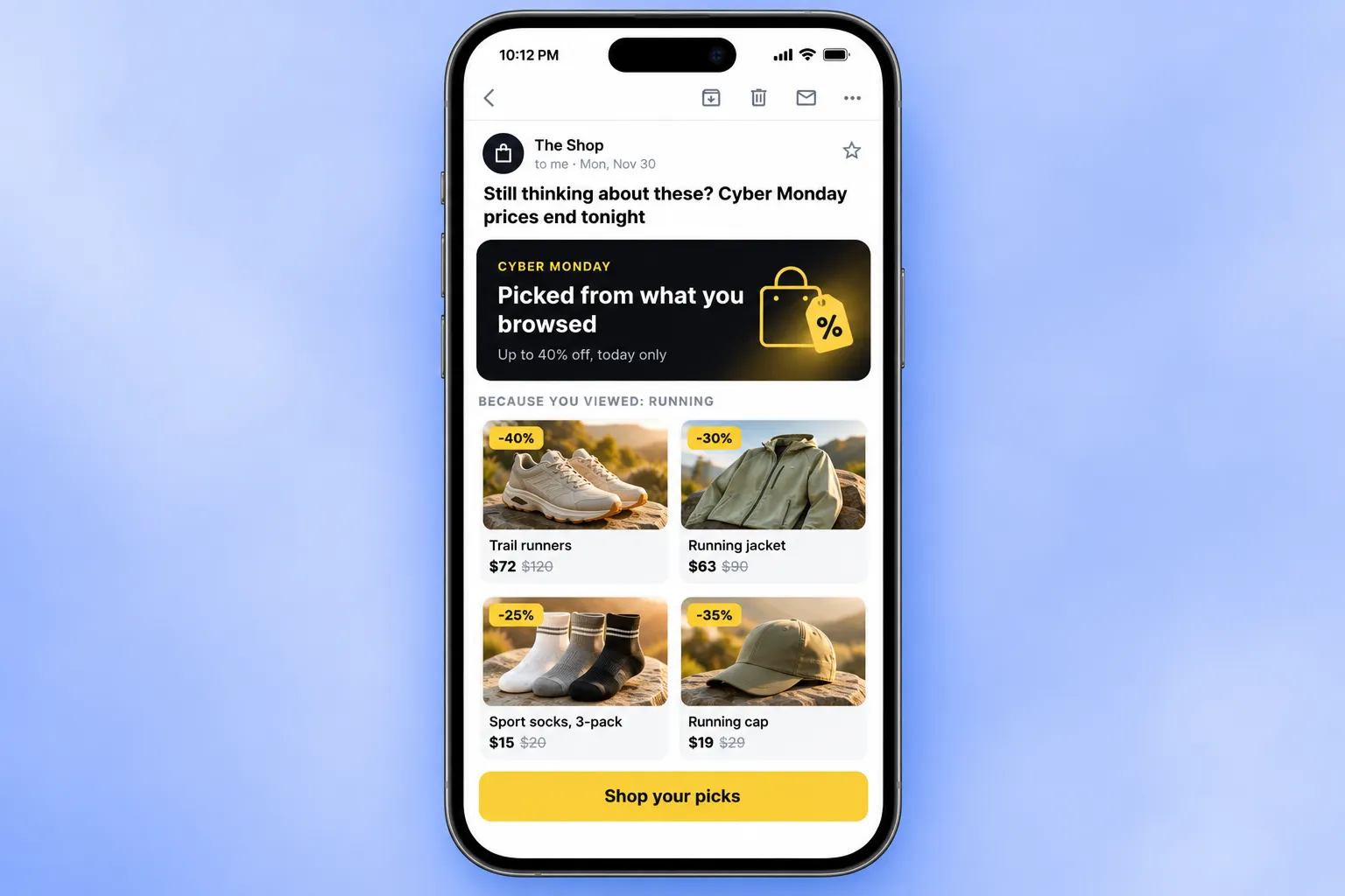 Cyber Monday email with personalized product picks on an iPhone