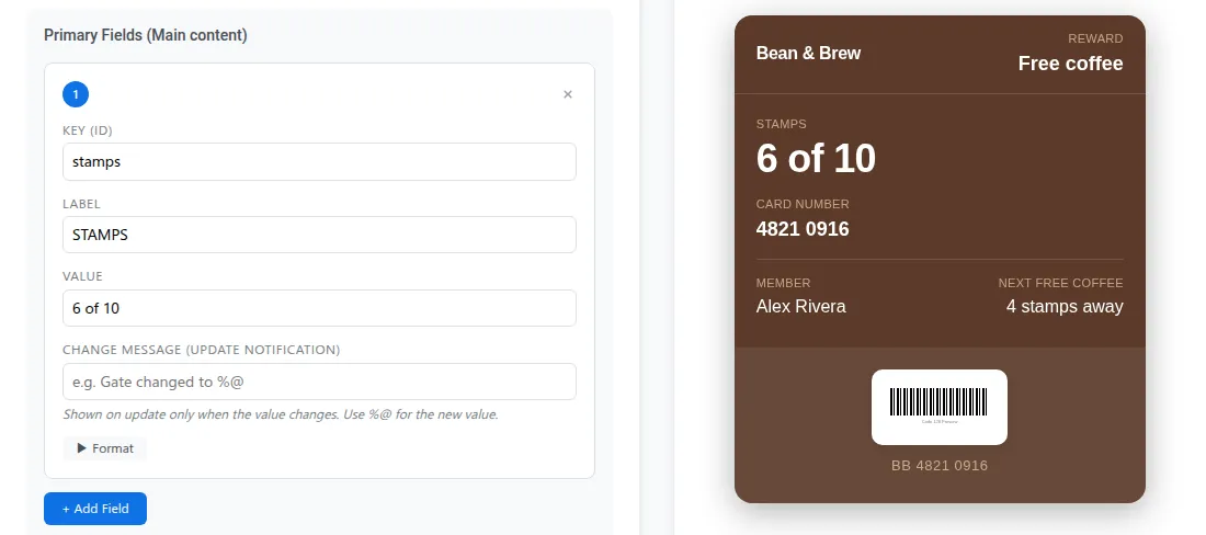 Ein Stempelfeld mit dem Wert 6 von 10 im Apple-Wallet-Pass-Builder von Pushwoosh neben der Vorschau einer Store Card für ein Café