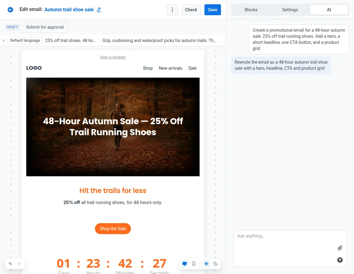 AI assistant in the Pushwoosh email editor