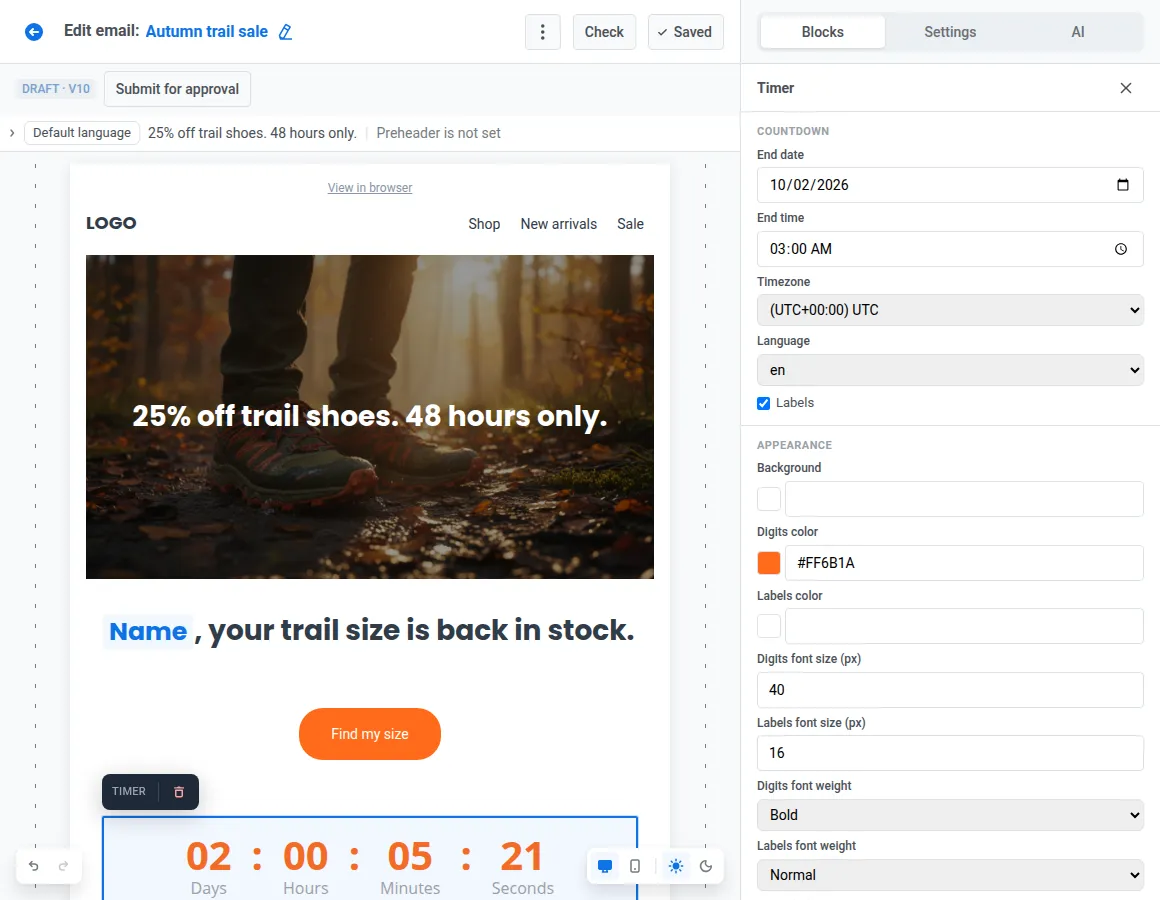 countdown timer in email design, Pushwoosh email editor