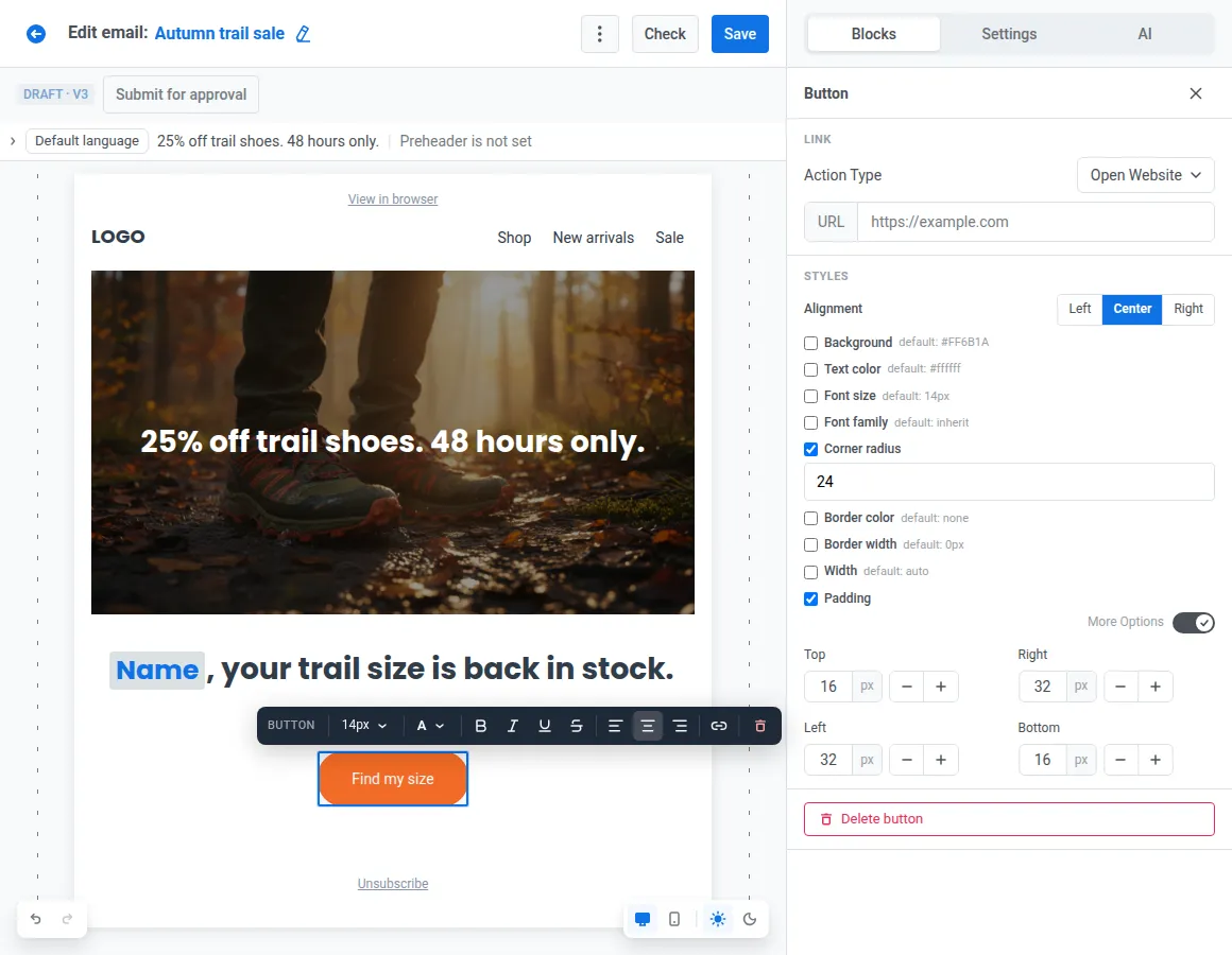 email CTA button design in the Pushwoosh email editor