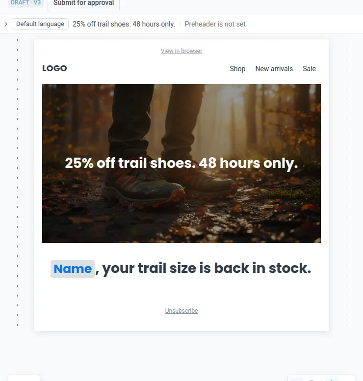 personalized email design with merge tags in the Pushwoosh email editor
