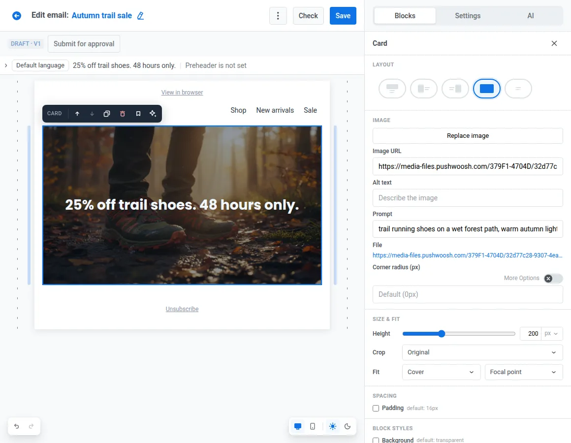 AI-generated email banner design in the Pushwoosh email editor